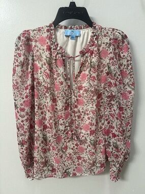 CeCe Floral Blouse Size Small Smocked Sleeve V-Neck Lined Boho Romantic Top